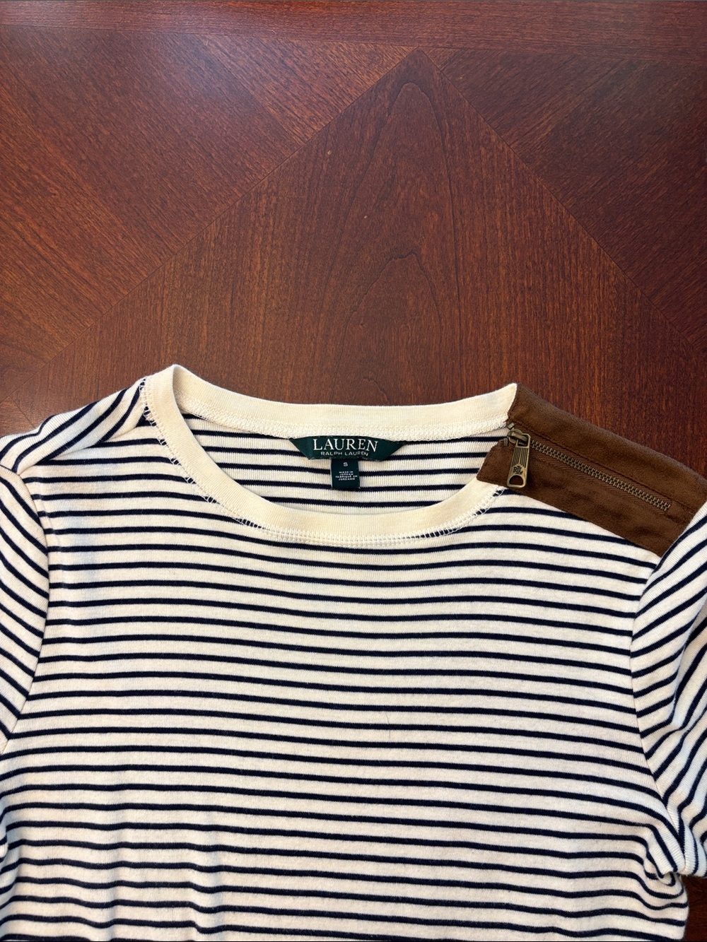 LAUREN Ralph Lauren Cream & Navy Stripe Sweater with Brown Elbow Patches - Picture 4 of 5